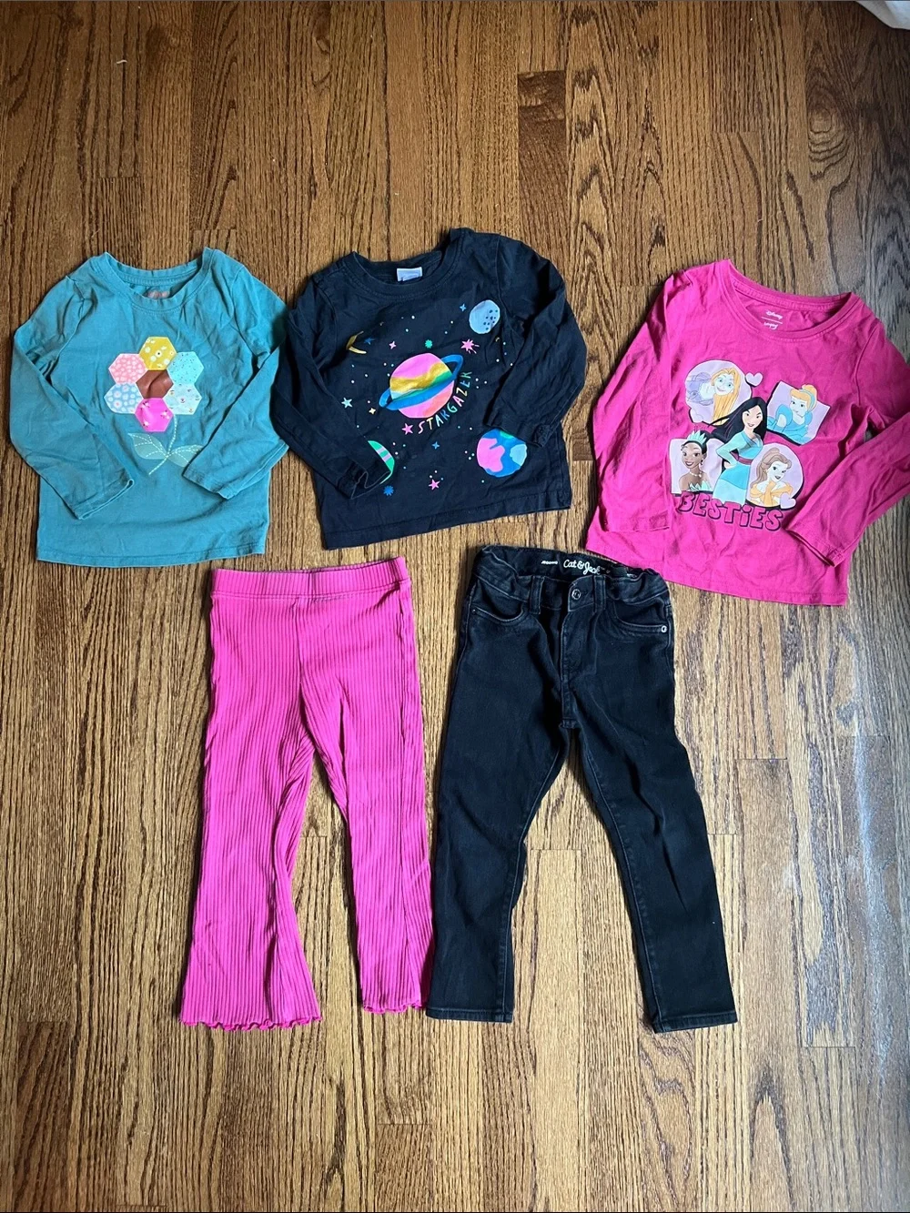 Girls Multi-Piece Outfit Lot - Long Sleeve Tees & Pants-Pink Flared, Black Jeans
